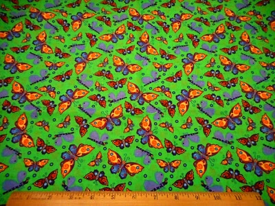  Cotton Fabric 7/8 Yard SALE Yellow Orange Purple Blue Butterflies on Green #PC - Image 1 of 2