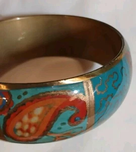 Vintage Brass Metal Colorful Enamel Bangle Bracelet Paisley - Picture 1 of 11