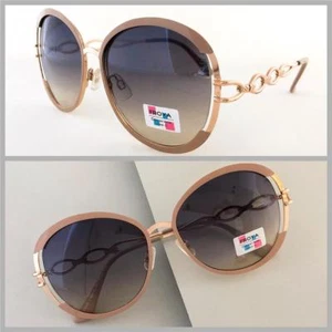 Classy Elegant Vintage Retro Style SUN GLASSES Round Beige Gold Frame Smoke Lens - Picture 1 of 6
