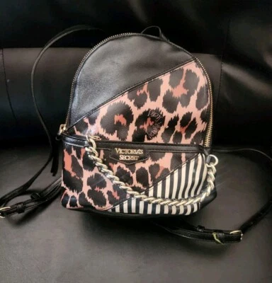 VICTORIA'S SECRET леопард черный в полоску золотой цепи молнии вытянуть мини рюкзак сумочка - Изображение 1 из 4