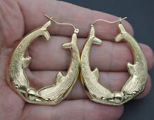 Real 10K Yellow Gold Love Hoop Earrings with Kissing Dolphin Design 50.0mm 6.7gr