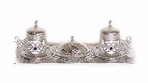 Traditional Turkish Style Coffee Serving Set w/ Color Stone Inset (Silver) - Picture 1 of 2