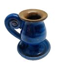 Blue Glazed Studio Pottery Candle Stick Holder Handmade w/Finger Handle-Marked