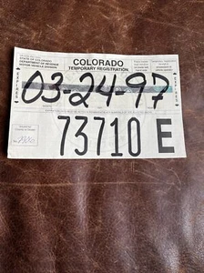 Placa de matrícula temporal Colorado 1997 papel vintage etiqueta Temp # 73710 E - Imagen 1 de 4