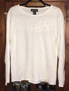 Jenny Women's White Beaded Long Sleeve Crew Neck Pullover Sweater Size Large - Picture 1 of 7