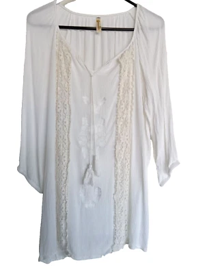 Plus 2X (true fit) white gauze blouse, vertical crochet panels by Shoreline. - Изображение 1 из 4