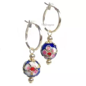 Aretes tipo argolla con cuentas Cloisonne azul marino de 10 mm en oro de 14 K o plata de ley - Imagen 1 de 1
