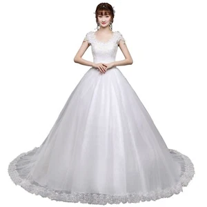Bride White Wedding Dress Bridal Lace Trailing Frock Princess Evening Party Gown - Picture 1 of 6