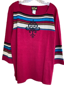Bob Mackie Wearable Art XL Red Silk Blend Striped Pullover Sweater Blouse 3/4 Sl - Picture 1 of 7