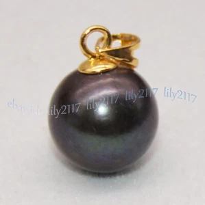 Gorgeous AAAA Natural Round Black Tahitian Pearl Pendant Genuine Pearl 14K Gold - Picture 1 of 33