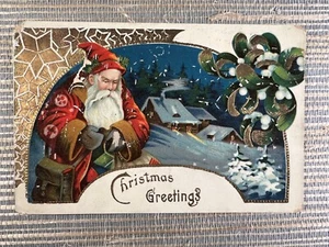 Christmas Greetings Sanrta Claus Brown Cuff Shoulder Bag Antique Postcard Saxony - Picture 1 of 2