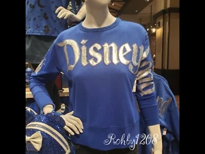 Disney Wishes Come True Disneyland REVERSE Blue Silver Crop Top Sweater Small S - Picture 1 of 2