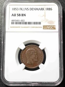 Denmark 1853 FK/VS 1 Rigsbankskilling Copper Coin One Year Issue NGC AU 58 BN - Picture 1 of 2
