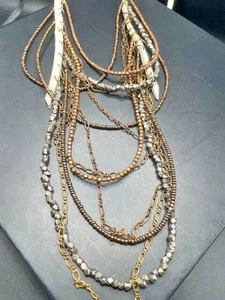 Bohemian Chic Perlen Leder lange mehrere Strang neutrale Farben Halskette - Bild 1 von 10