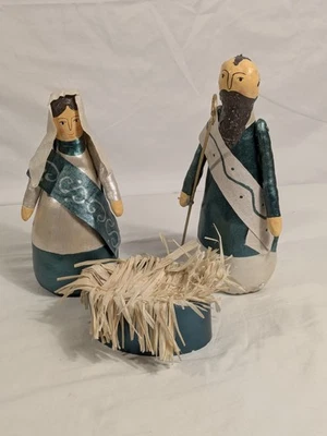 Vintage Hand Painted Canvas Mary Joseph Christmas Art Nativity Hay Manger Set  - Image 1 of 4