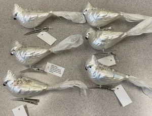 Vintage 6 weiß silber Perlen mundgeblasen Glas Vogel Clip-on Ornamente EUC! Wunderschön - Bild 1 von 3