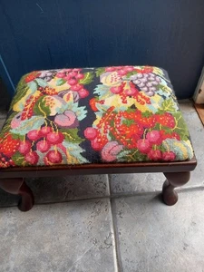 Vintage Edwardian-style Fruit Needlepoint Wooden FOOT STOOL 15x11x9ins Vgc - Picture 1 of 4