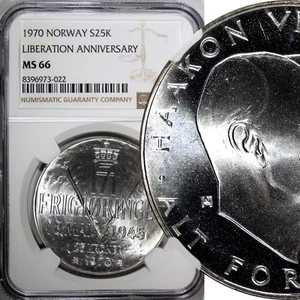 Norway Olav V Silver 1970 25 Kroner NGC MS66 Anniversary of Liberation KM#414(2) - Picture 1 of 5