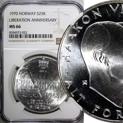 Norway Olav V Silver 1970 25 Kroner NGC MS66 Anniversary of Liberation KM#414(2) - Image 1 of 4