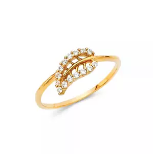 14K Solid Yellow Gold Cubic Zirconia Leaf Ring - Polished Finger Band Women Men - Picture 1 of 1