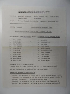 CRYSTAL PALACE v COLCHESTER U | 1964/1965 | RESERVES | 23 SEP 1964 | UK FREEPOST - Image 1 of 2