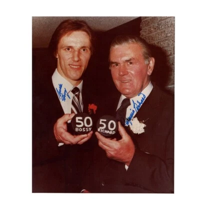 Foto 8 x 10 firmada por Mike Bossy y Maurice Richard de isleños y canadienses - 70763 Foto 1 de 2