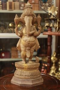 Vintage Ganesha Statue Wooden Standing Ganpati Sculpture Hindu Antique Figurine