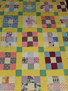Vintage 78X60 Hand Stitched Patchwork Country Cottage Quilt Yellow & Multicolor