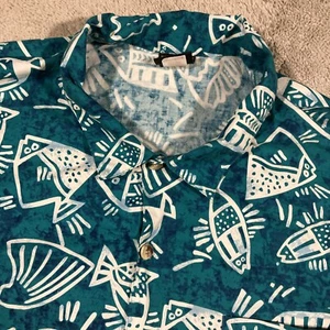 Vintage Toucan Dance Hawaiian Fish Print Shirt Mens 3XL Teal White Beach Island - Picture 1 of 10