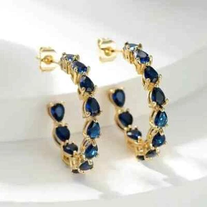 2Ct Pear Cut Created Blue Sapphire Hoop 14K Yellow Gold Plated Women's Earring - Picture 1 of 5