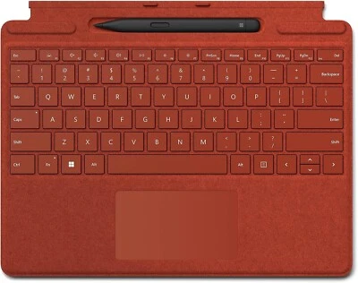 Poppy Red Surface Pro 9,8,X Type Cover Keyboard Signature Alcantara + Slim Pen 2 - Image 1 of 3