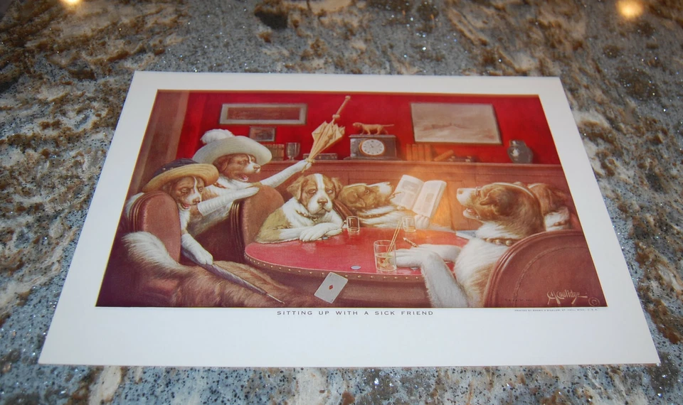 Vintage Dog Poker Art Print -" Sitting Up With a Sick Friend"  NOS Coolidge - Image 1 of 1