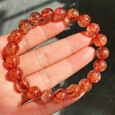 9.5mm Natural Copper Rutilated Quartz Crystal Stretch Beads Bracelet AAAA  4 - Image 1 of 4