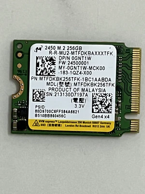 0GNT1W For Laptop Micron 2450 M.2 2230 256GB PCIe Gen4x4 NVMe SSD MTFDKBK256TFK - Image 1 of 2