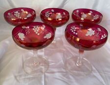 Set Of 6 Bohemian Style Champagne Glass Cranberry Flash Etched To Clear Grape