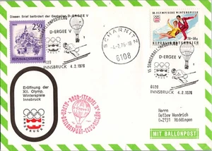 Österreich, Ballonpost 1976 Sonderflug XII. Olympia Winterspiele Innsbruck Ski - Picture 1 of 3