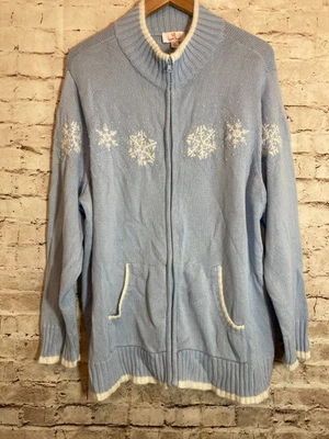 Quacker Factory Sweater Womens 2X Icy Blue Full Zip Snowflake Embroidery Nordic - Image 1 of 4