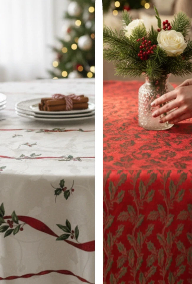 Juego de 2 manteles navideños vintage damasco rojo verde acebo + cinta de acebo marfil Foto 1 de 4