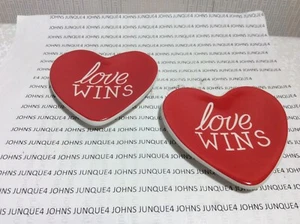 "LOVE WINS" HEART DISH New w/tag Red & White Ceramic Dish 3” by 2.5” SET OF 2 - Picture 1 of 2
