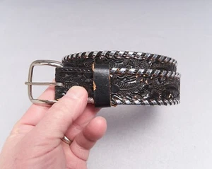 Mallory Hand Tooled Belt Sz 28 Youth Boys Kids Fits 27 Silver Lacing Buckle - Picture 1 of 18