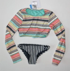 O'Neill Cruz Stripe LS Crop Top Swim Set, Multi, Girls 7 - Picture 1 of 4