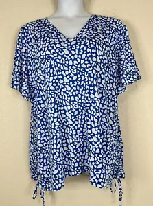 NWT NY Collection Womens Plus Size 2X Blue Animal Print V-neck Top Short Sleeve - Picture 1 of 13