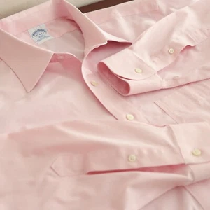 Camisa de vestir Brooks Brothers 346 17-4/5 calce ajustado rosa algodón elástico sin planchar - Imagen 1 de 13