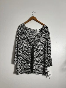 Liz & Co Women’s 3X Black White Faux Wrap 3/4 Sleeve Stretch Blouse NWT - Picture 1 of 10
