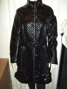 WASSERDICHTER ÖKO LEDER MANTEL LACK SCHWARZ LATEX GESTEPPT GÜRTEL L 46 NEU - Bild 1 von 12