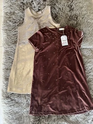 ZARA платье девочек размер 13-14 бархата колена длины и золотой блестки бак платье EUC - Изображение 1 из 4