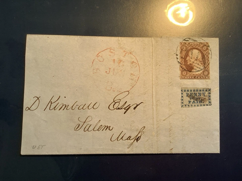 3LB2 US Carriers stamp,  Scott #3LB2  Penny Post, Boston + #11 . COVER - Image 1 of 4