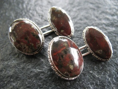 Manschettenknöpfe Silber USA von ca. 1930 mit Moosachat Edelsteinen - Bild 1 von 4