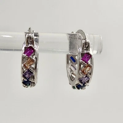 925 Sterling Silver Multicolor 1.6x3mm Sapphire 5/8'' Earrings Gemstone - Image 1 of 4