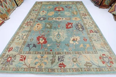 9x12 ft Oushak Blue Area Rug Afghan Hand Knotted Veg Dye Wool Dining Room Rug - Image 1 of 4